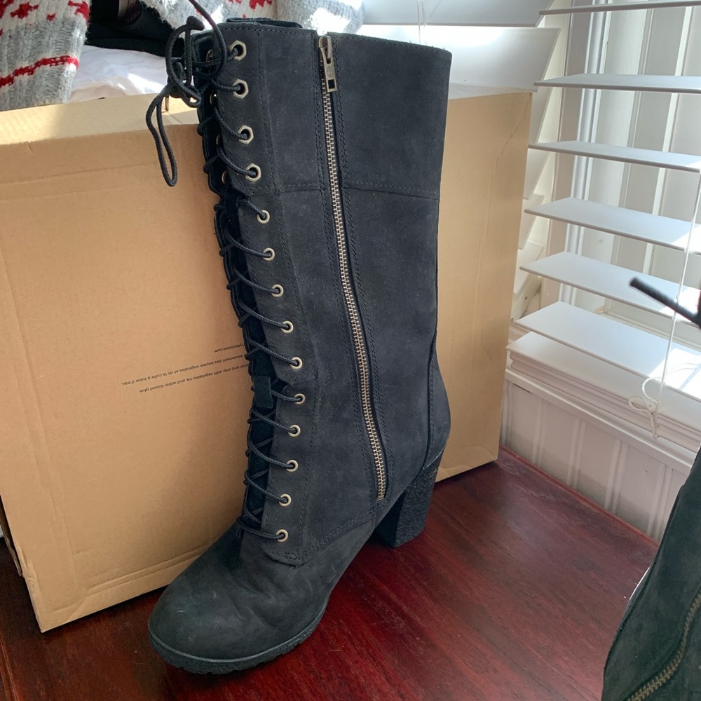 Timberland Black Lace-Up Calf-High Heeled Boots Size 10